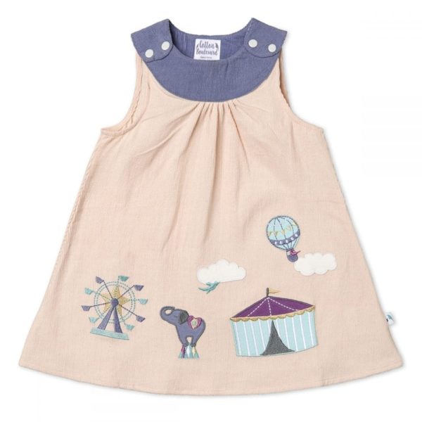 Organic Cotton Needlecord Pinafore Dress, Girls, Circus pattern
