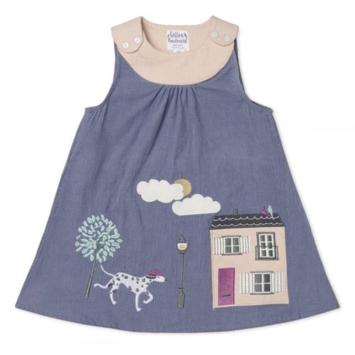 Organic Cotton Needlecord Pinafore Dress, Girls, Dog and House pattern
